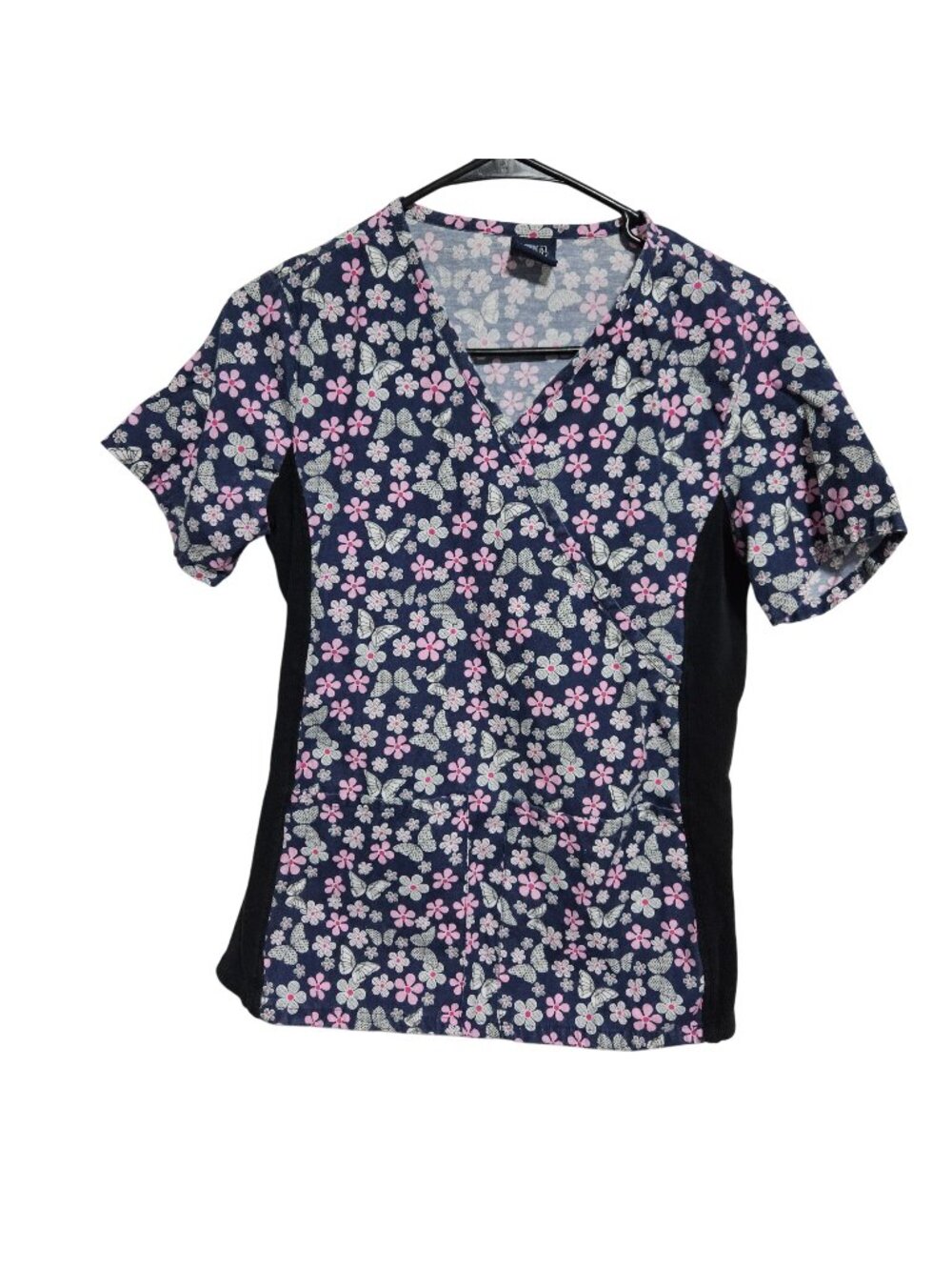 Medgear Scrub Top Womens Size Small Floral Butterfly Print Short Sleeve Medical